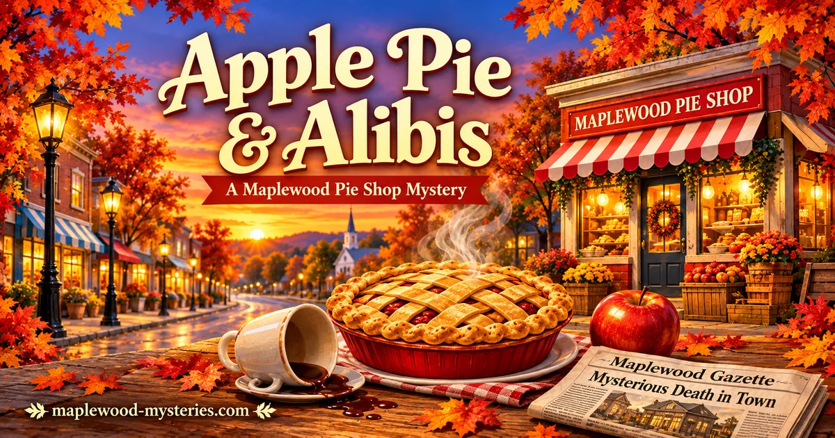 Apple Pie & Alibis book image with apple pie and a cozy Maplewood mystery mood