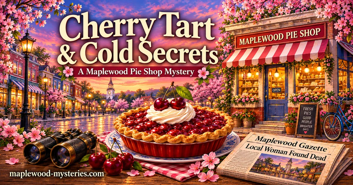 Cherry Tart & Cold Secrets book image with cherry tart and a cozy Maplewood mystery mood