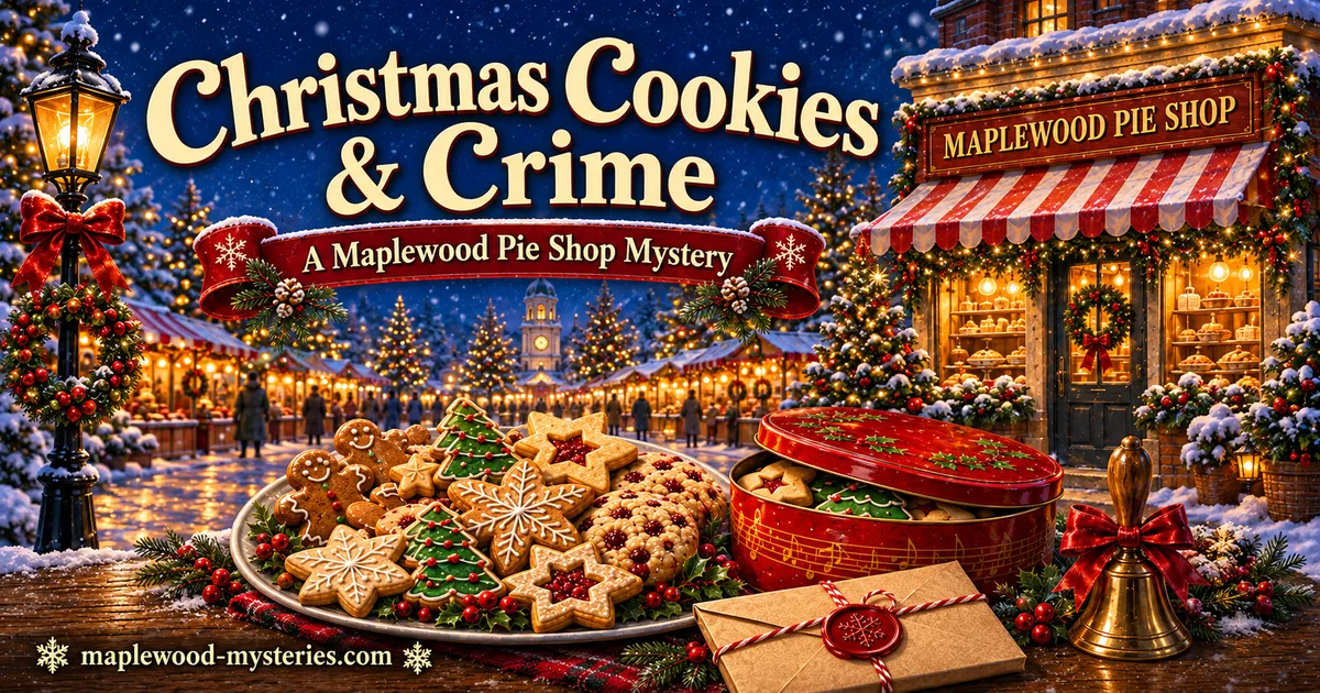 Christmas Cookies & Crime book image with holiday cookies and a snowy Maplewood mystery mood