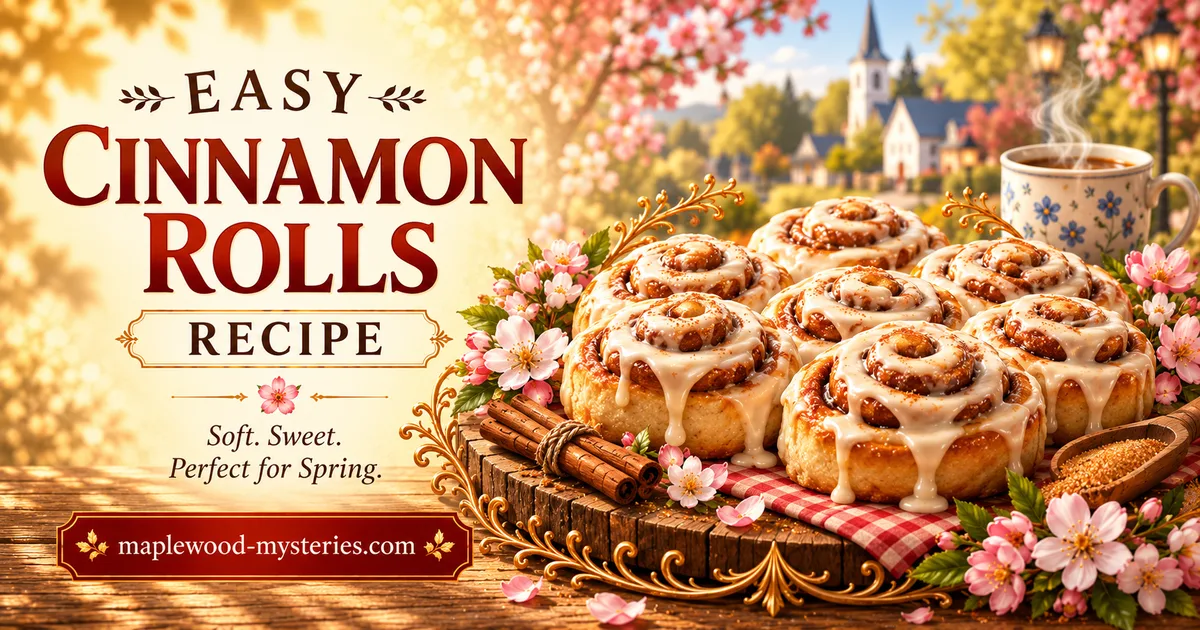 Cinnamon rolls recipe image with spring flowers and Maplewood baking details