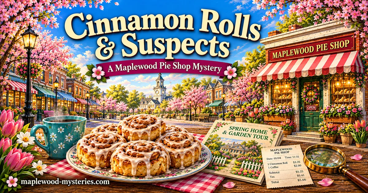 Cinnamon Rolls & Suspects book image with spring flowers, cinnamon rolls, and a Maplewood mystery mood