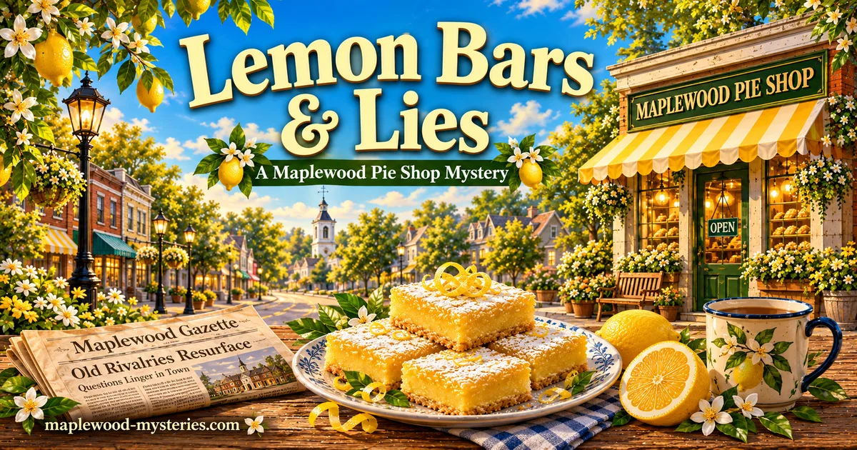 Lemon Bars & Lies book image with lemon bars and a cozy Maplewood mystery mood
