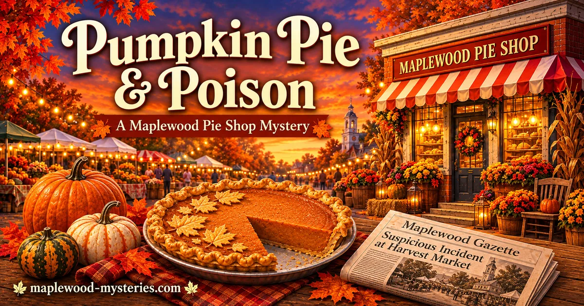 Pumpkin Pie & Poison book image with pumpkin pie and an autumn Maplewood mystery mood