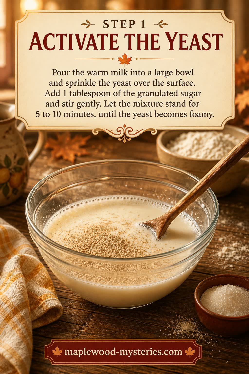 Cinnamon rolls step 1: warm milk and foamy yeast in a mixing bowl